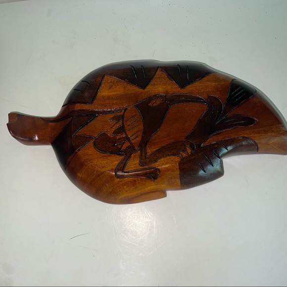 Wood Carved Leaf Design Serving Dish for Snacks Vintage Aruba Road Runner Floral - Picture 6 of 13